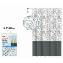 TENDA DOCCIA VASCA BAGNO 12 ANELLI 240X200CM MOTIVO PAISLEY ETNICO GRIGIO 87582
