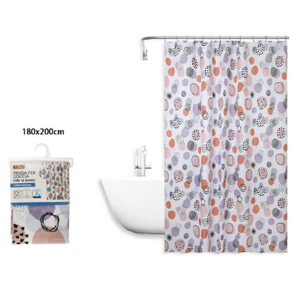 TENDA DOCCIA VASCA BAGNO IMPERMEABILE 12 GANCI CON SFERE ASTRATTE 180X200CM 87090