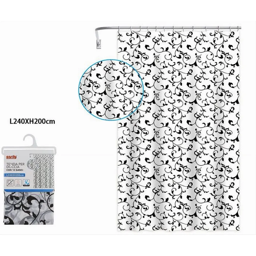 TENDA DOCCIA VASCA DA BAGNO 12 GANCI MOTIVO FLOREALE BIANCO NERO 240X200CM 87568