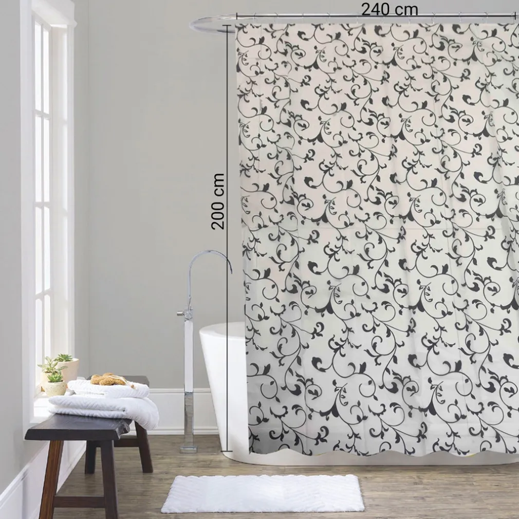 TENDA DOCCIA VASCA DA BAGNO 12 GANCI MOTIVO FLOREALE BIANCO NERO 240X200CM 87568