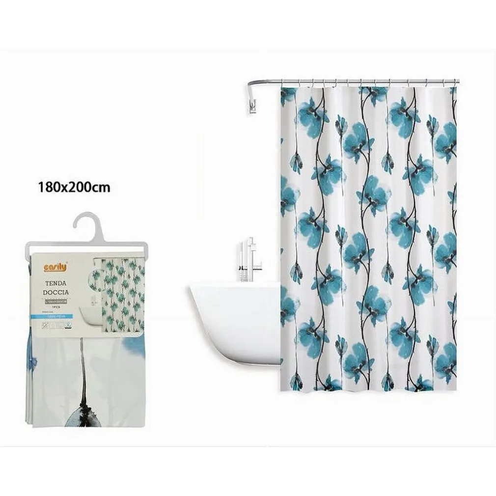 TENDA DOCCIA VASCA IMPERMEABILE 12 GANCI DECORAZIONE FIORI BLU 180X200 CM 79224