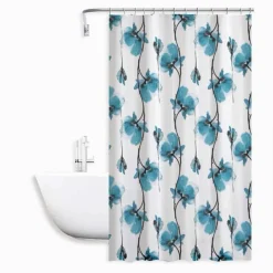 TENDA DOCCIA VASCA IMPERMEABILE 12 GANCI DECORAZIONE FIORI BLU 240 X 200CM 79225