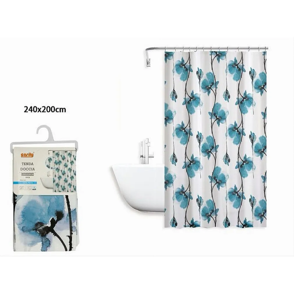 TENDA DOCCIA VASCA IMPERMEABILE 12 GANCI DECORAZIONE FIORI BLU 240 X 200CM 79225