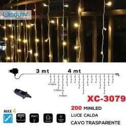 TENDA LUMINOSA NATALIZIA 200 MINI LED LUCE CALDA CAVO TRASPARENTE XC-3079