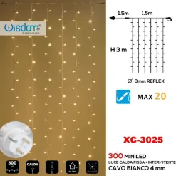 TENDA LUMINOSA NATALIZIA 300 LED LUCE CALDA FISSA + BIANCA INTERMITTENTE XC-3025
