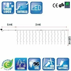 TENDA LUMINOSA NATALIZIA 96 LED LUCE MULTICOLOR 3 METRI ESTERNO LUCI CAVO 5 MT