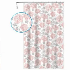 TENDA PER DOCCIA VASCA DA BAGNO 12 GANCI STAMPA FIORI ROSA GRIGI 240X200CM 87576