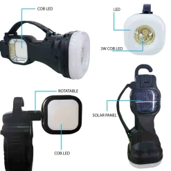 TORCIA LAMPADA EMERGENZA 26 LED SMD COB RICARICABILE PORTATILE PANNELLO SOLARE