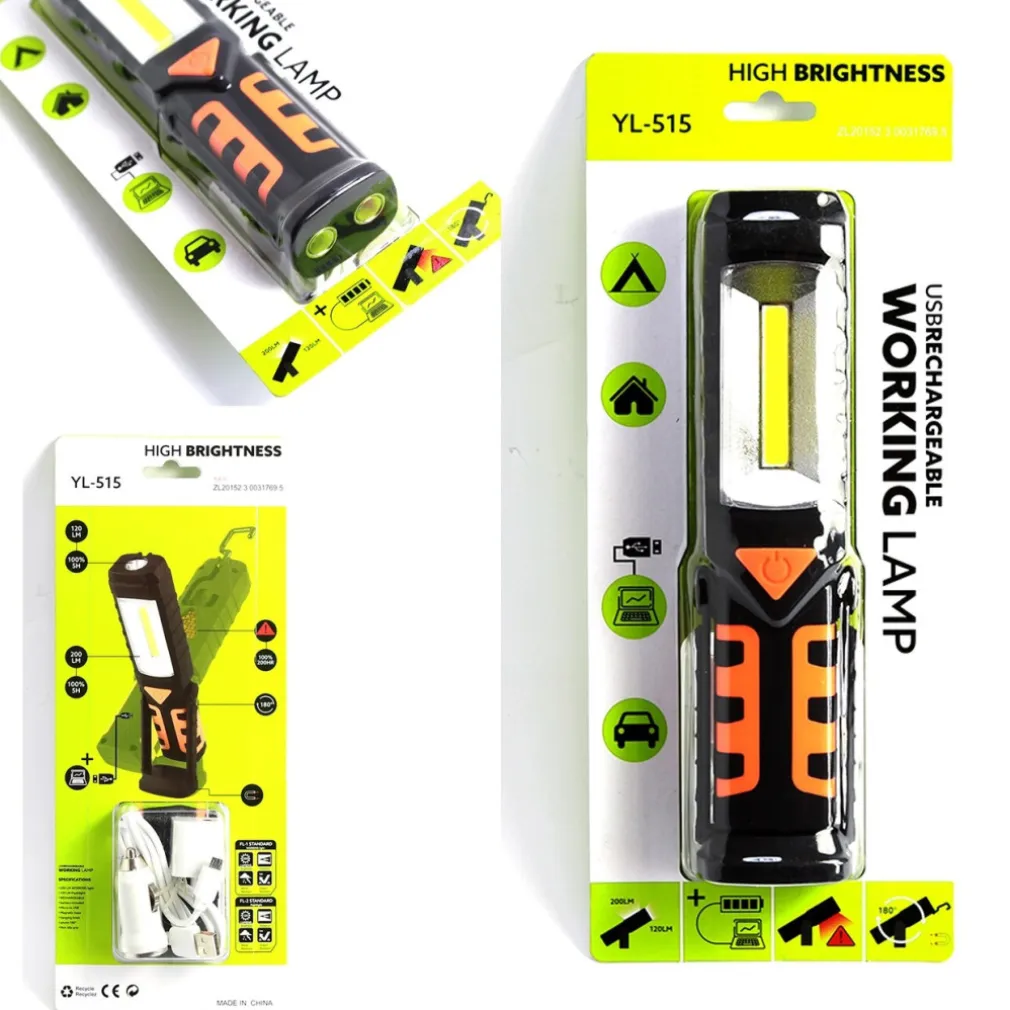 TORCIA LAMPADA PORTATILE RICARICABILE LED STRIP COB - BASE ORIENTABILE E GANCI