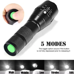 TORCIA TATTICA MILITARE A LED ULTRA LUMINOSA 1200 LMN IMPERMEABILE CON 5 MOD.