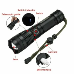 TORCIA TATTICA/MILITARE LED CREE T6 RICARICABILE ZOOM DOPPIA BATTERIA A90-P50