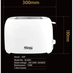 TOSTAPANE PER 2 FETTE 750 W 6 LIVELLI FUNZIONE SCONGELAMENTO TOAST BIANCO