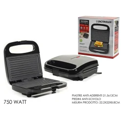 TOSTIERA ELETTRICA 750W AMPIE PIASTRE ANTIADERENTI PIEDINI ANTISCIVOLO MANICO TERMOISOLATO