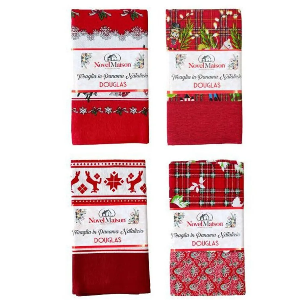 TOVAGLIA NATALIZIA TESSUTO PANAMA RESISTENTE TEMA NATALE VARIE FANTASIE 6 POSTI