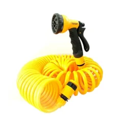 TUBO A SPIRALE 15M FLESSIBILE ACQUA IRRIGAZIONE GIARDINO CON PISTOLA A 8 GETTI