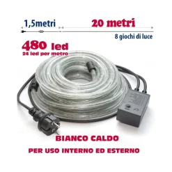 TUBO LUMINOSO 20 METRI LED BIANCO CALDO 480 LUCI PER INTERNO E PER ESTERNO