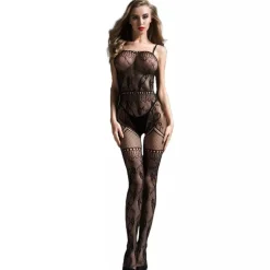 TUTINA A RETE CATSUIT LINGERIE HOT COMPLETO SEXY CON RICAMI TG UNICA NERO 75114
