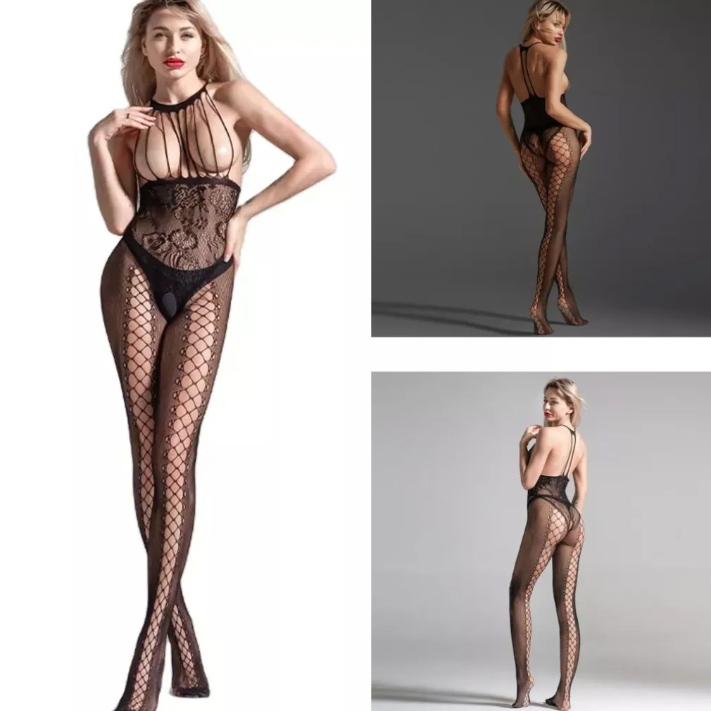 TUTINA A RETE CATSUIT LINGERIE HOT COMPLETO SEXY CON RICAMI TG UNICA NERO 75219