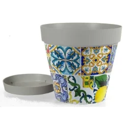 VASO CON SOTTOVASO GIARDINO IN PLASTICA DECORO MEDÌ 22X20CM FIORI PIANTE 845406