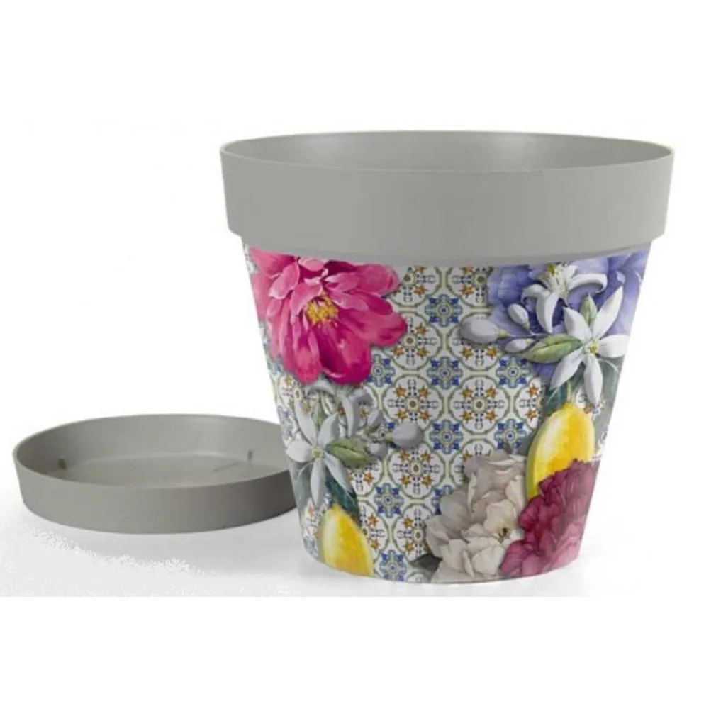 VASO GIARDINO CON SOTTOVASO IN PLASTICA DECORO ISOLA 32X29CM PIANTE FIORI 845383
