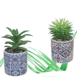 VASO IN CERAMICA CON PIANTINA ARTIFICIALE 15CM PIANTA IDEA REGALO BOMBONIERA BLU