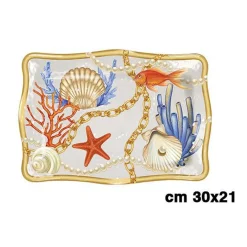 VASSOIO CENTROTAVOLA CON CONCHIGLIE CORALLI STILE MARINO SVUOTATASCHE 30x21 CM