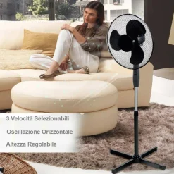 VENTILATORE A COLONNA PIANTANA 45W PALE 40CM 3 VELOCITÀ ALTEZZA REGOLABILE NERO
