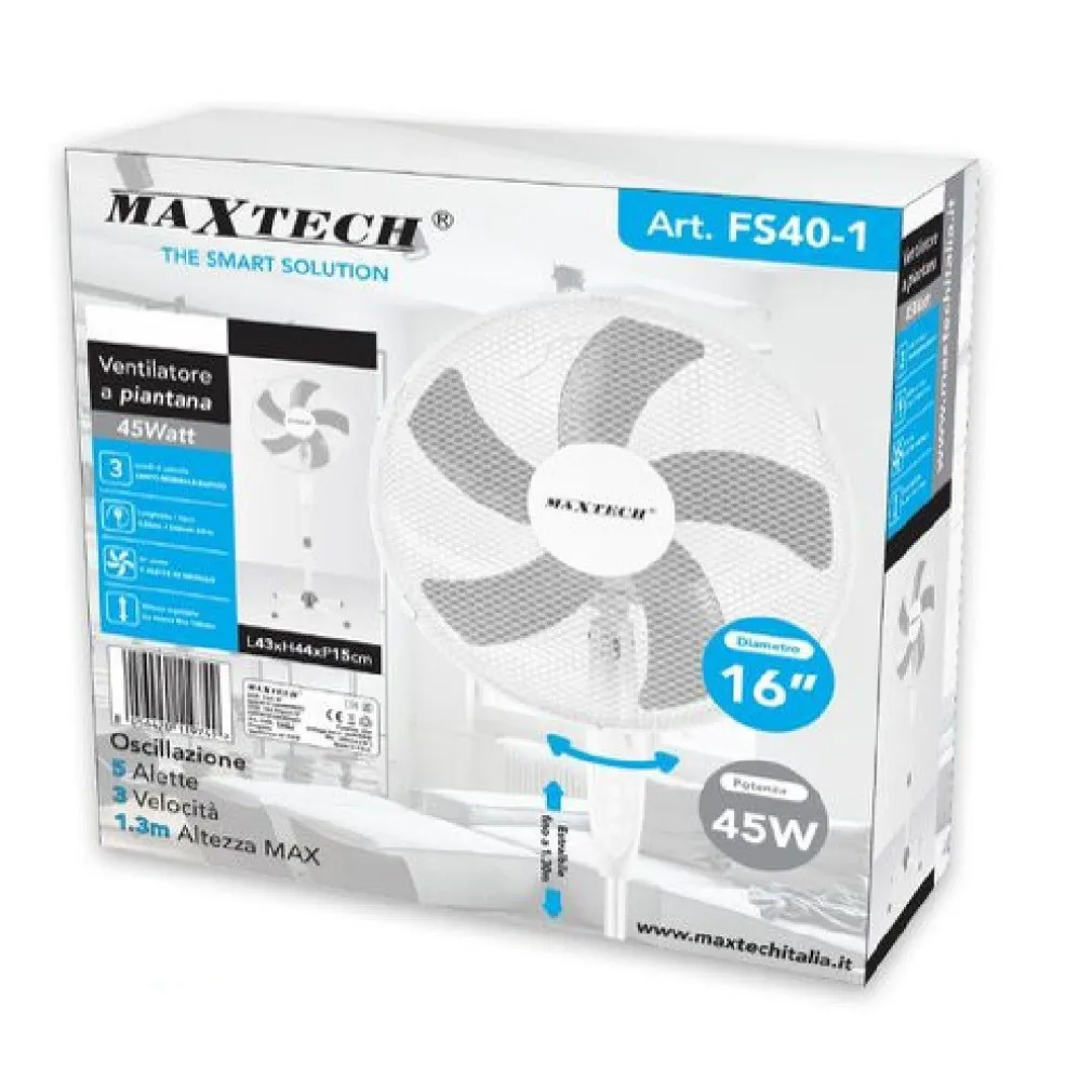 VENTILATORE A PIANTANA 130CM 3 VELOCITÀ 45 W 16" FUNZIONE DI OSCILLAZIONE FS40-1