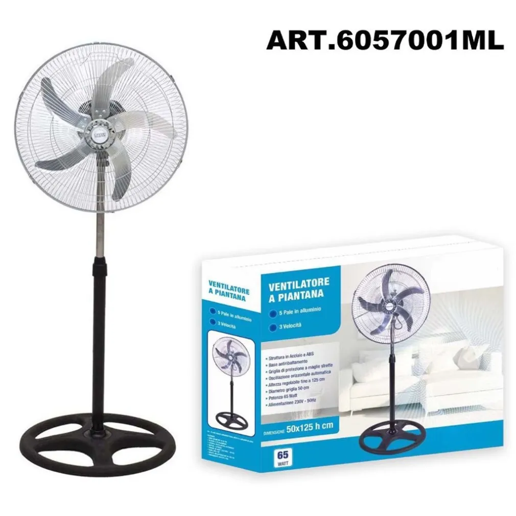 VENTILATORE IN ACCIAIO 65W A PIANTANA ANTIRIBALTAMENTO CON 5 PALE 3 VELOCITÀ 6057001ML