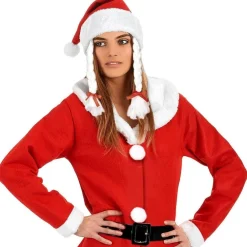 VESTITO BABBO NATALE DONNA MAMMA NATALE COLORE ROSSO CAPPELLO CON TRECCE