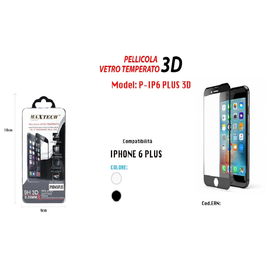 VETRO TEMPERATO 3D PROTEGGI SCHERMO PELLICOLA PER IPHONE 6 PLUS MAXTECH P-IP6 PLUS 3D