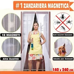 ZANZARIERA MAGNETICA UNIVERSALE 140 X 240 CM BIANCA 18 MAGNETI TENDA PER PORTA